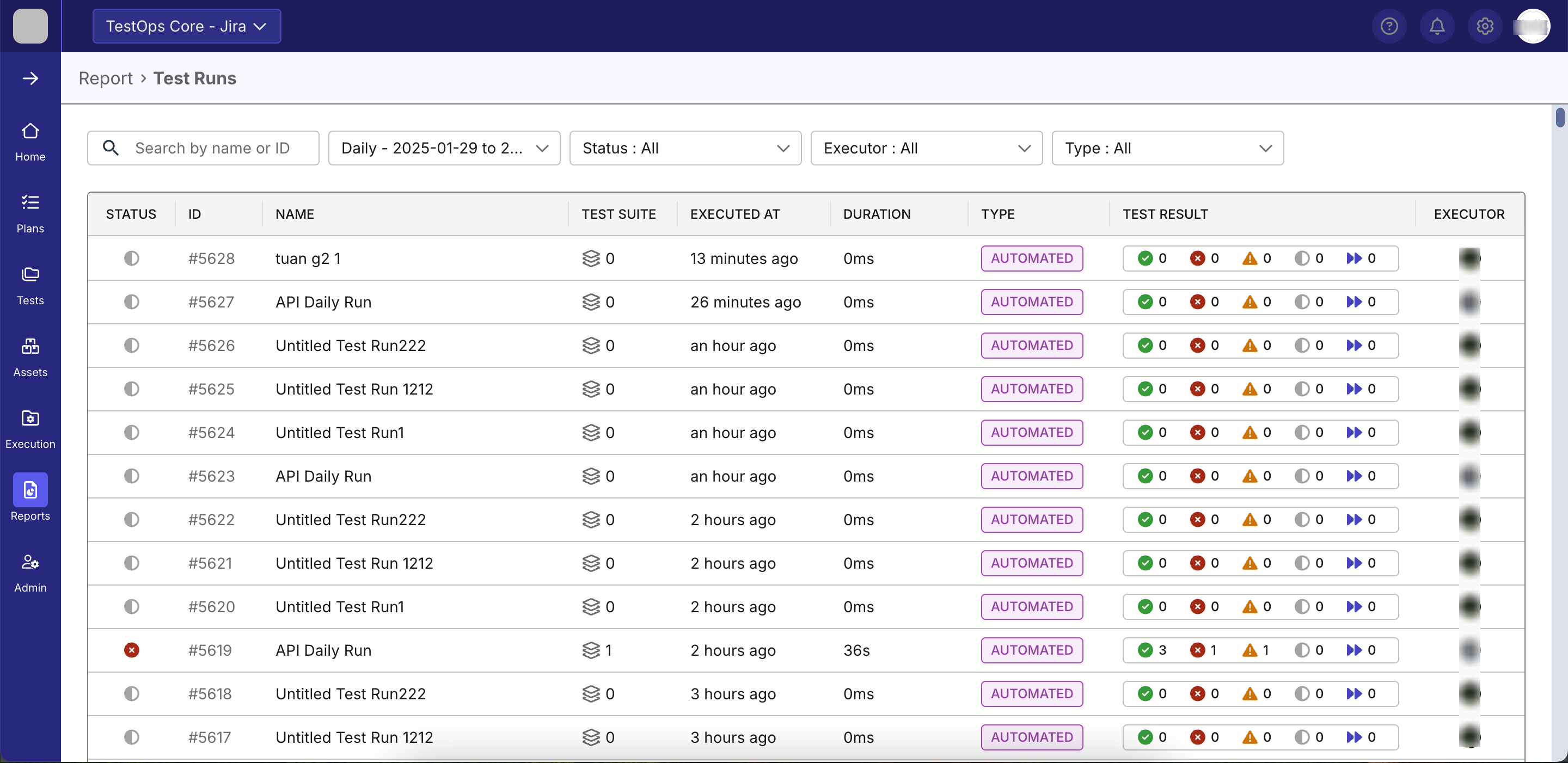 The Test Run list in Katalon TestOps.